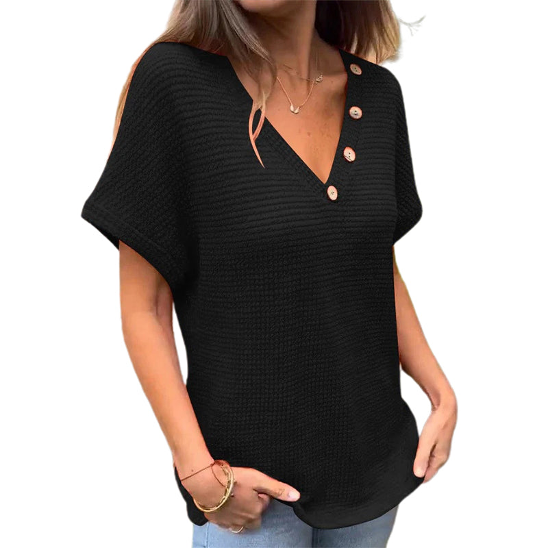 Waffle Grid Summer Short Sleeve V-Neck T-Shirt