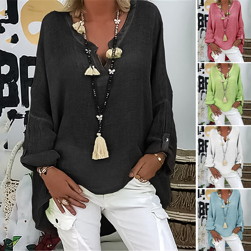Plain Long Sleeve Casual Basic V Neck Blouse