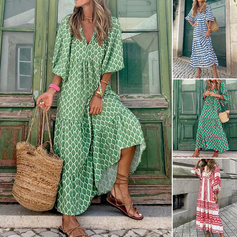 Boho Puff Sleeve Maxi Loose Dress