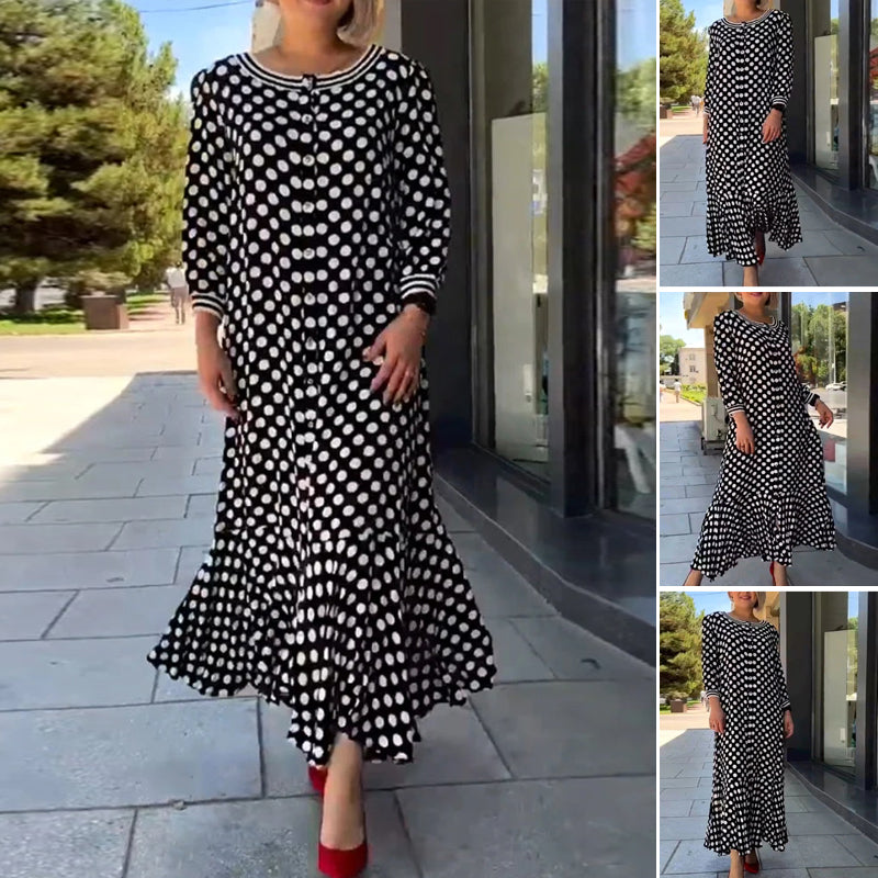 Polka Dot Long Sleeve Long Dress