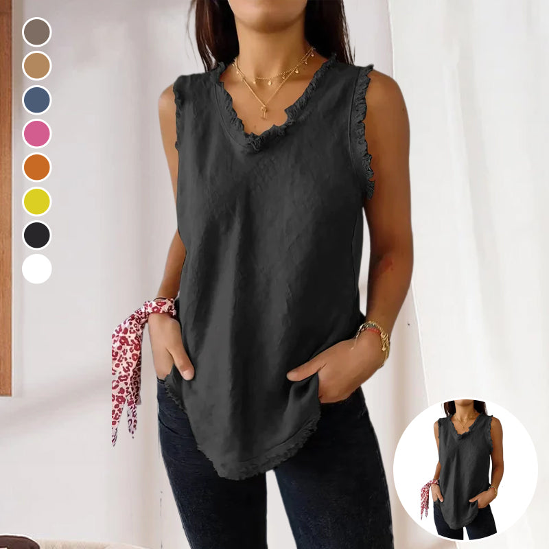 Cotton and Linen V-neck Raw Edge Design Vest