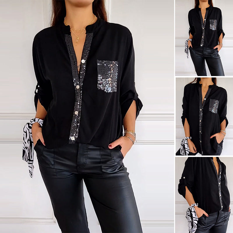 Paneled sequin button casual top