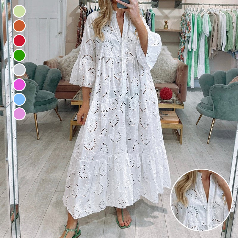 V Neck Flares Sleeve Embroidery Cotton Dress