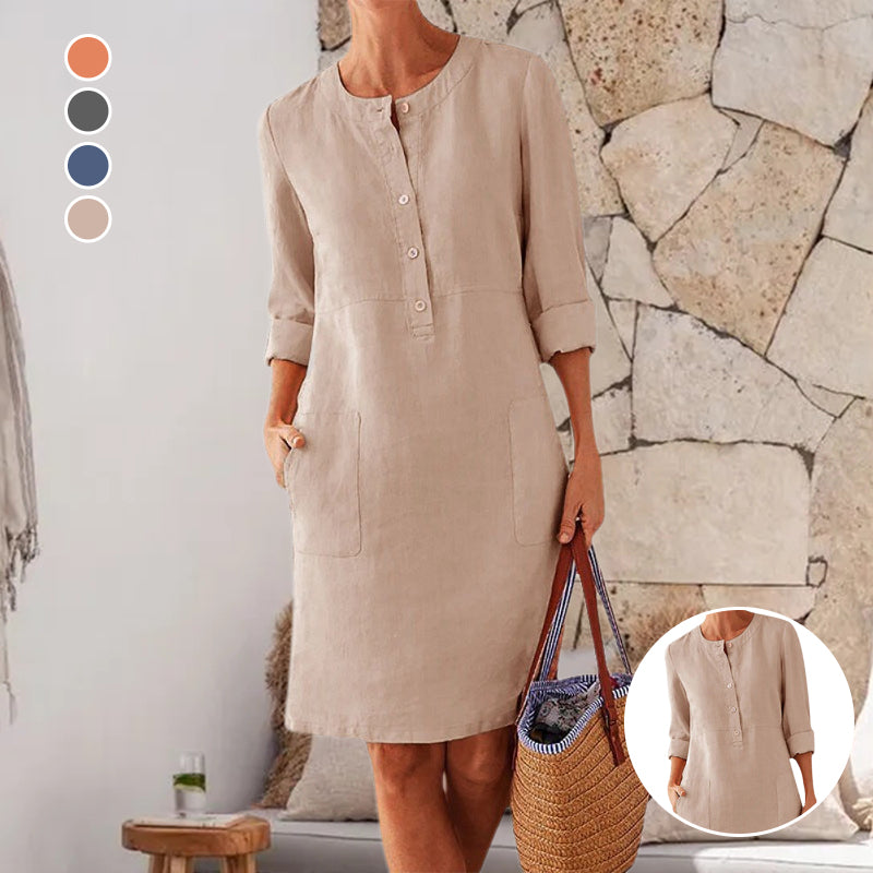 Pure Color Casual Cotton And Linen Round Neck Dress