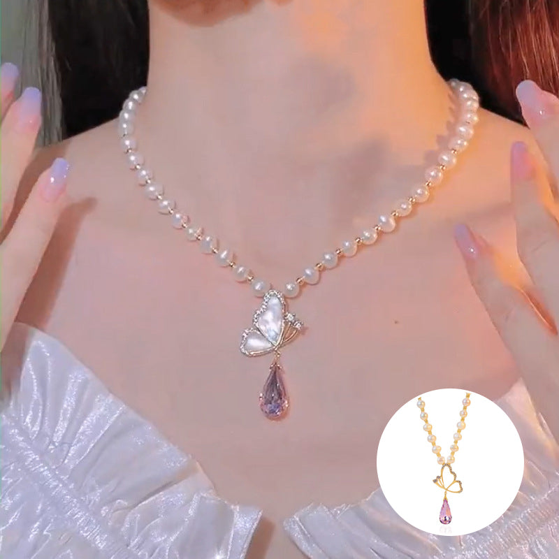 Diamond Butterfly Pearl Necklace