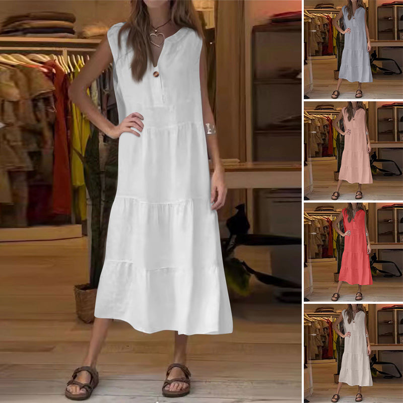 Women's V-Neck Button Sleeveless Tiered Long Dress