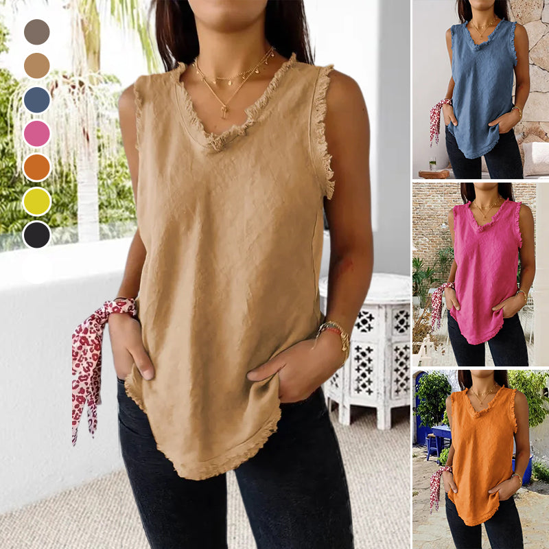 Cotton and Linen V-neck Raw Edge Design Vest
