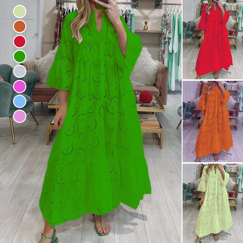 V Neck Flares Sleeve Embroidery Cotton Dress