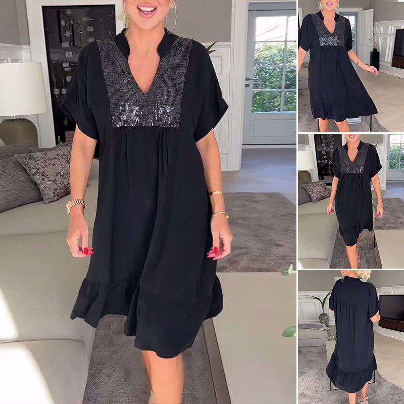 V-neck Loose Pleated Dress
