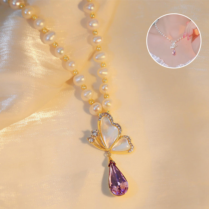 Diamond Butterfly Pearl Necklace