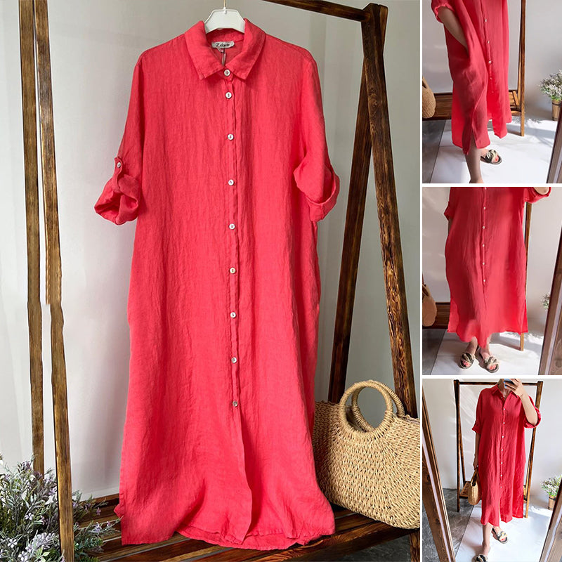 Lapel Buttoned Cotton and Linen Dress (Pre-sale)