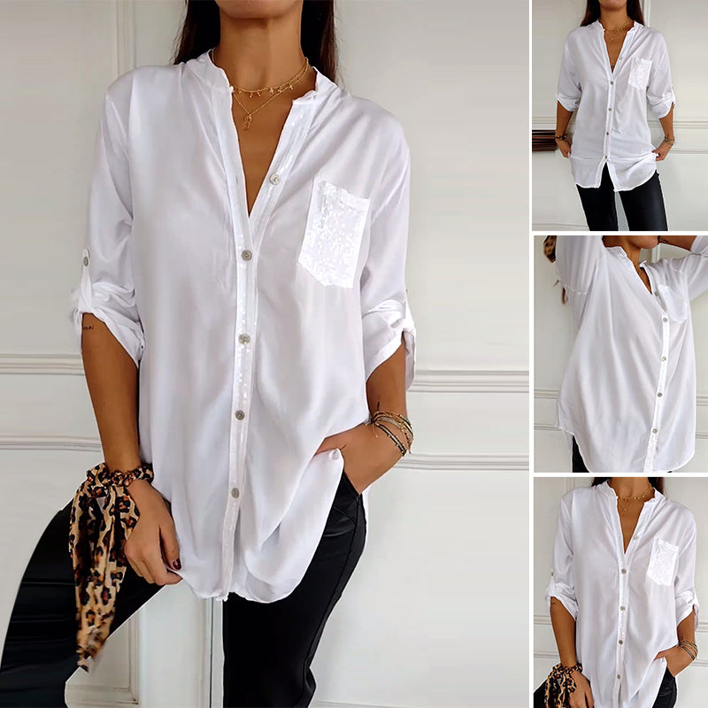 Relaxed button-up sequin paneled top