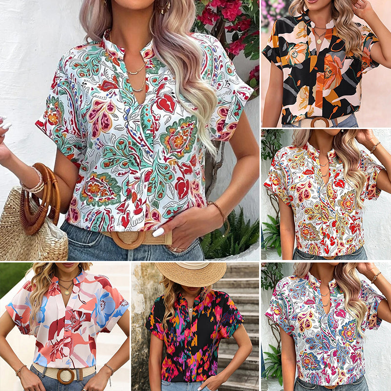 2023 Summer New Fashion V-neck Printed T-shirt