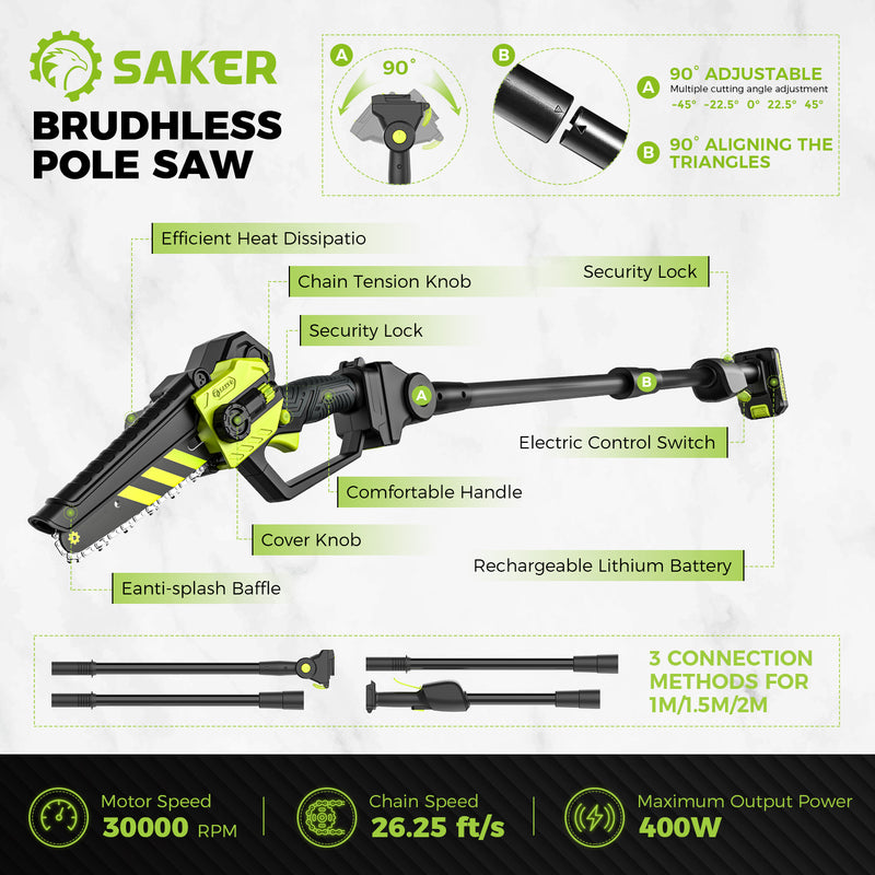 Saker Pole Saw 6 Inch Brushless Mini Chainsaw with 6.5ft Extension Rod