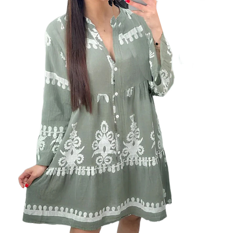 V Neck Button-Down Babydoll Dress