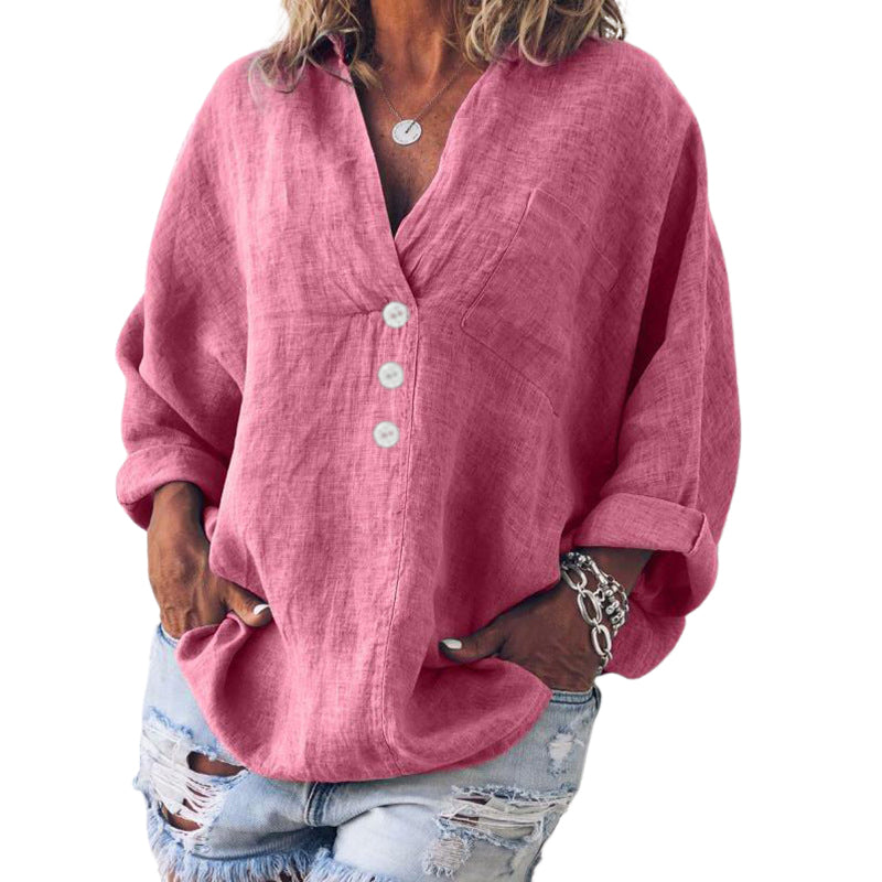 V-neck imitation cotton linen long-sleeved shirt