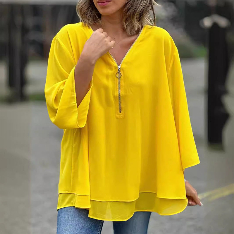 Chiffon Zipper V-neck Top