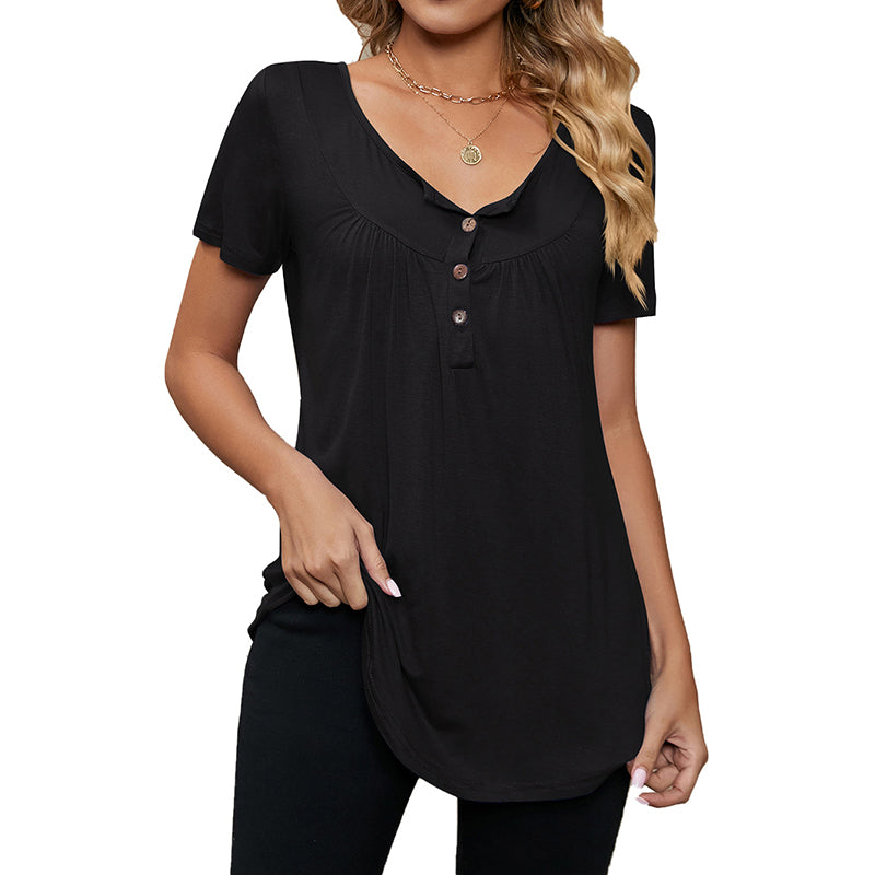 New Solid Color Loose Button T-shirt