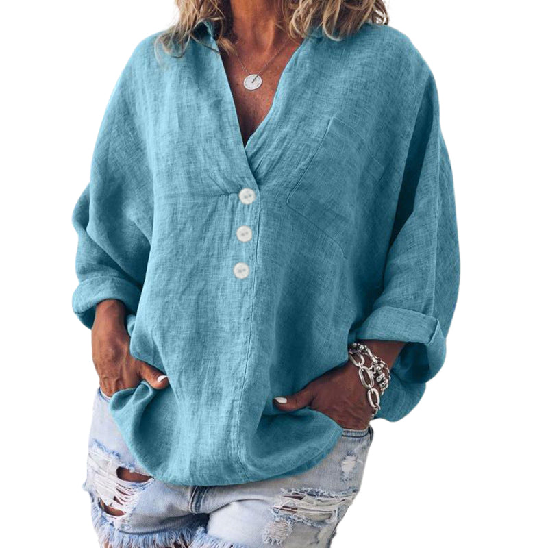 V-neck imitation cotton linen long-sleeved shirt