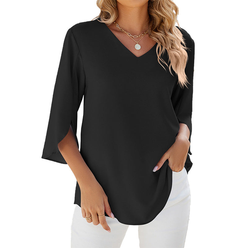 Solid Color V-Neck Mid-Sleeve Chiffon Shirt