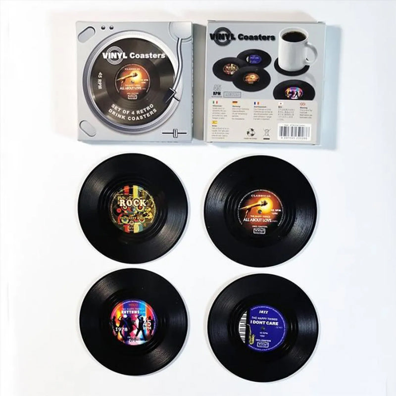 Vinyl Record Coasters with Retro Vinyl Player Holder