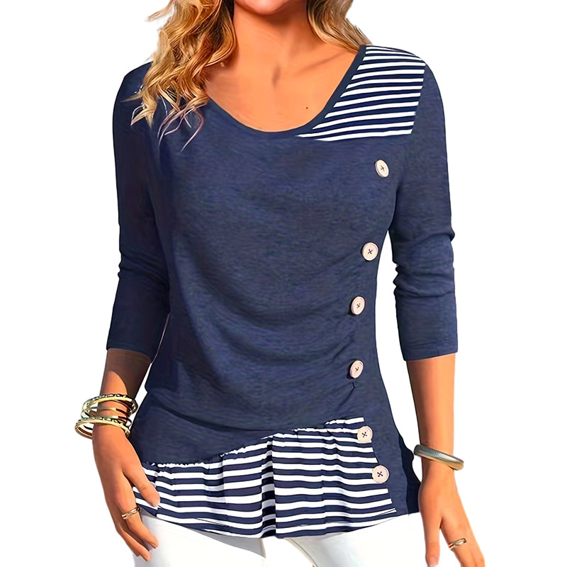Striped Button Print Long Sleeve Casual Blouse