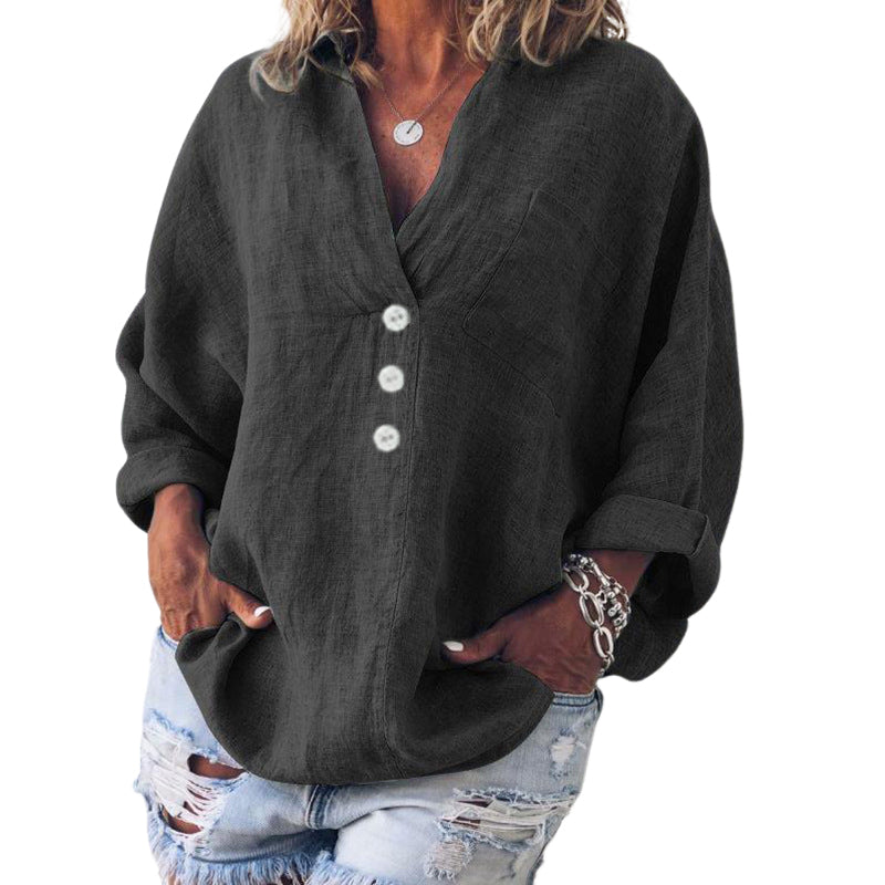 V-neck imitation cotton linen long-sleeved shirt