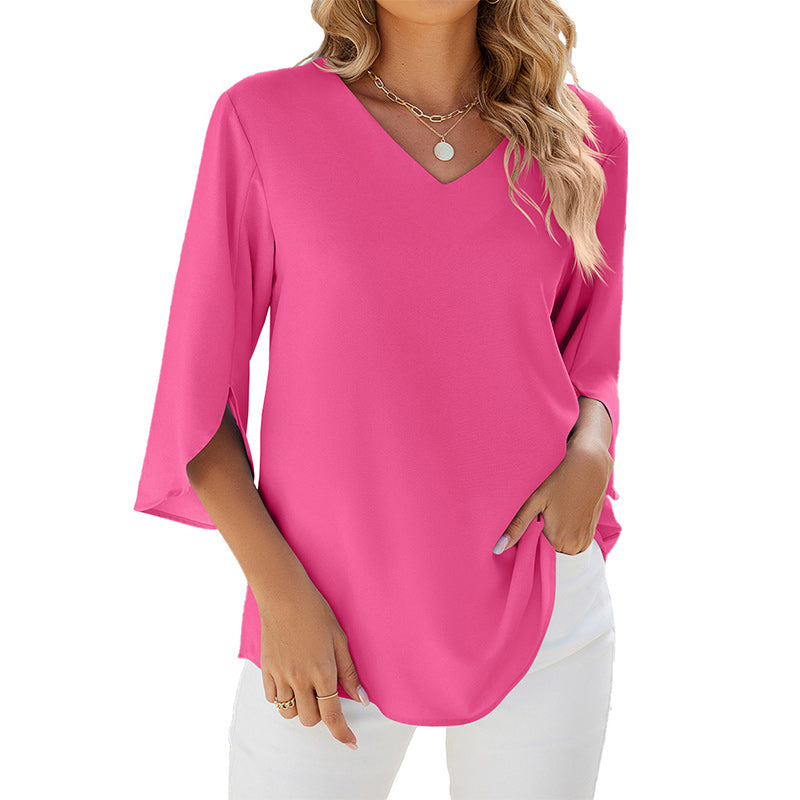 Solid Color V-Neck Mid-Sleeve Chiffon Shirt