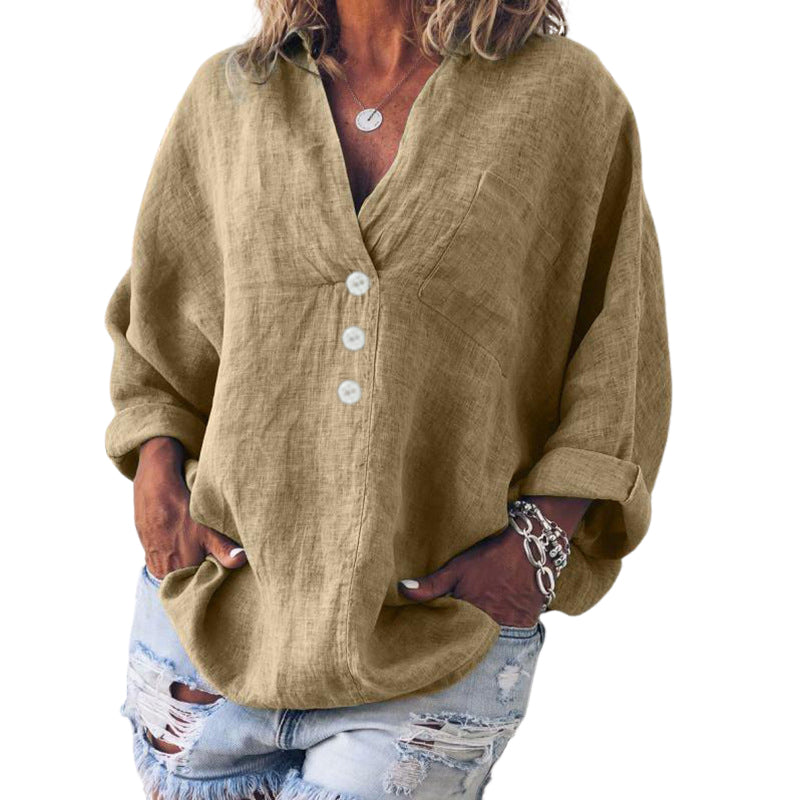 V-neck imitation cotton linen long-sleeved shirt