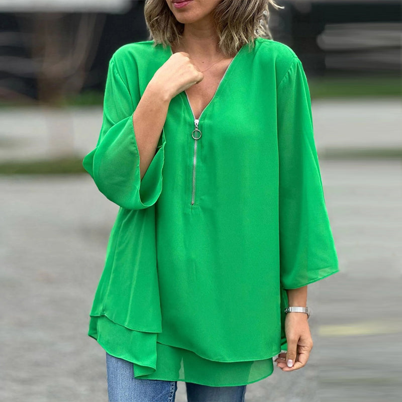 Chiffon Zipper V-neck Top