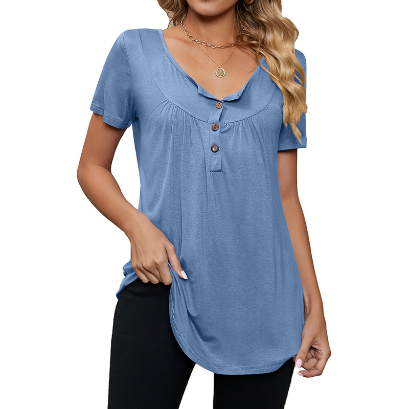 New Solid Color Loose Button T-shirt