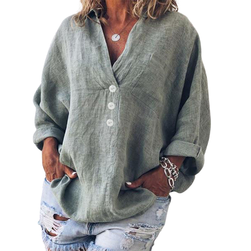 V-neck imitation cotton linen long-sleeved shirt