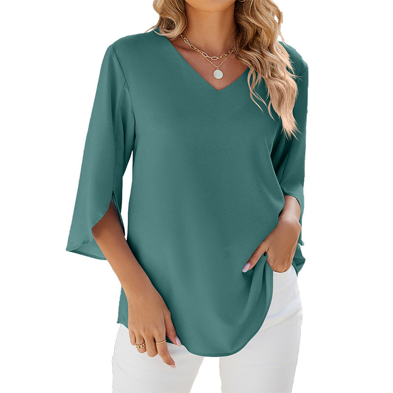 Solid Color V-Neck Mid-Sleeve Chiffon Shirt