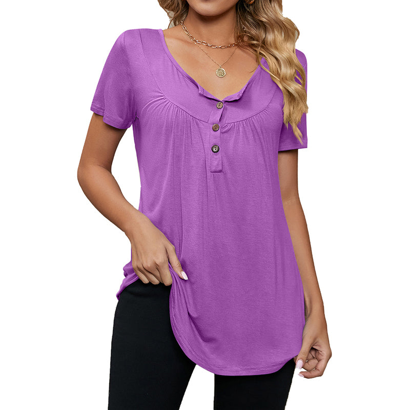 New Solid Color Loose Button T-shirt