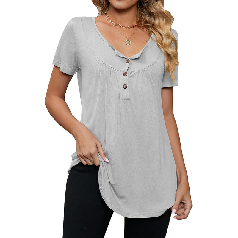 New Solid Color Loose Button T-shirt