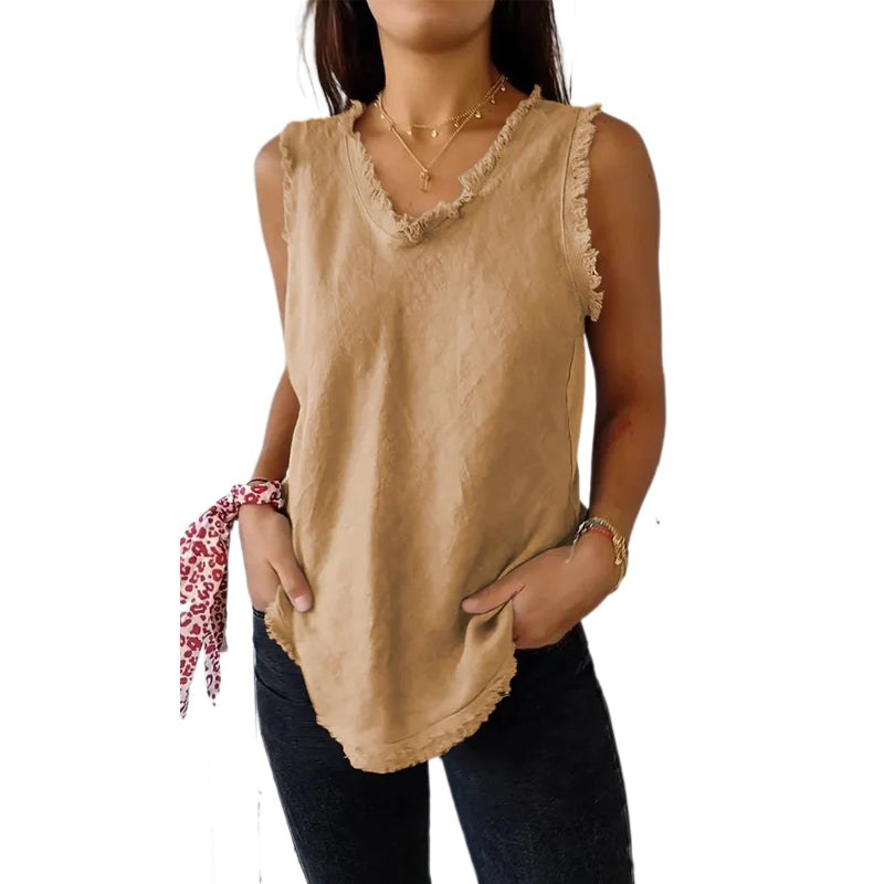 Cotton and Linen V-neck Raw Edge Design Vest