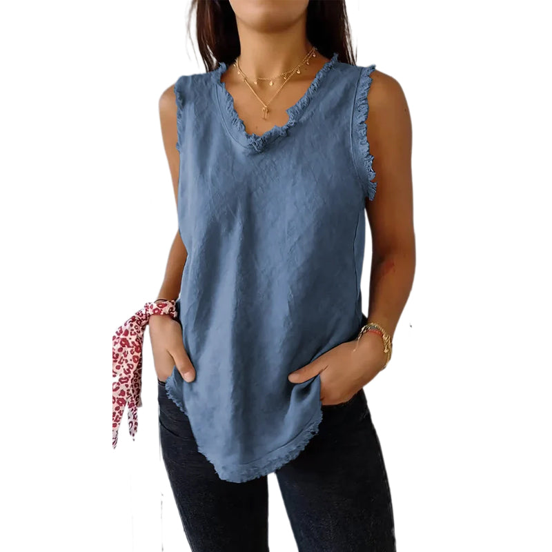 Cotton and Linen V-neck Raw Edge Design Vest