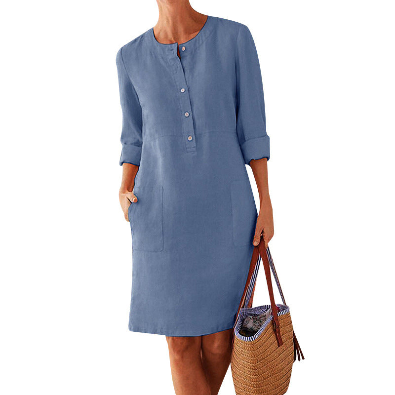 Pure Color Casual Cotton And Linen Round Neck Dress