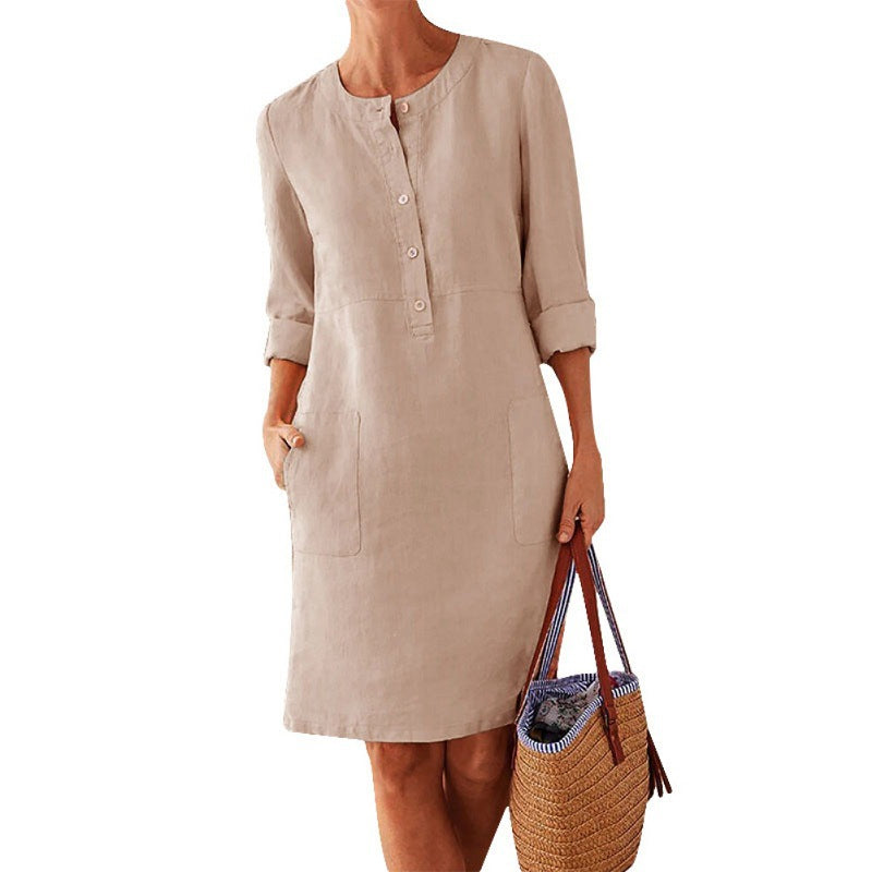 Pure Color Casual Cotton And Linen Round Neck Dress