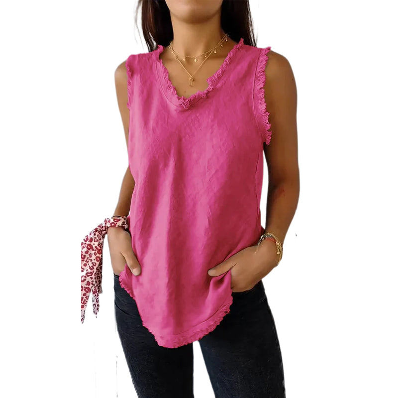 Cotton and Linen V-neck Raw Edge Design Vest
