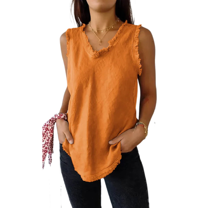 Cotton and Linen V-neck Raw Edge Design Vest
