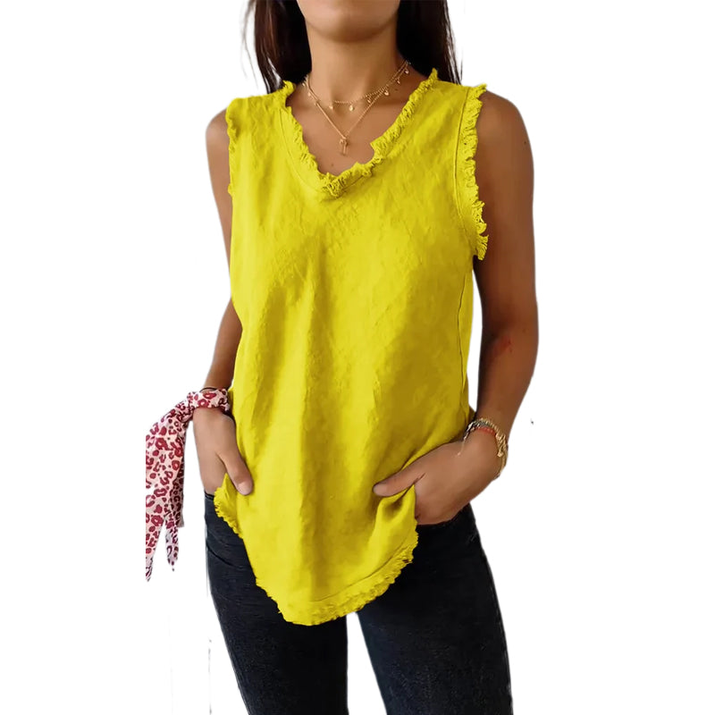 Cotton and Linen V-neck Raw Edge Design Vest