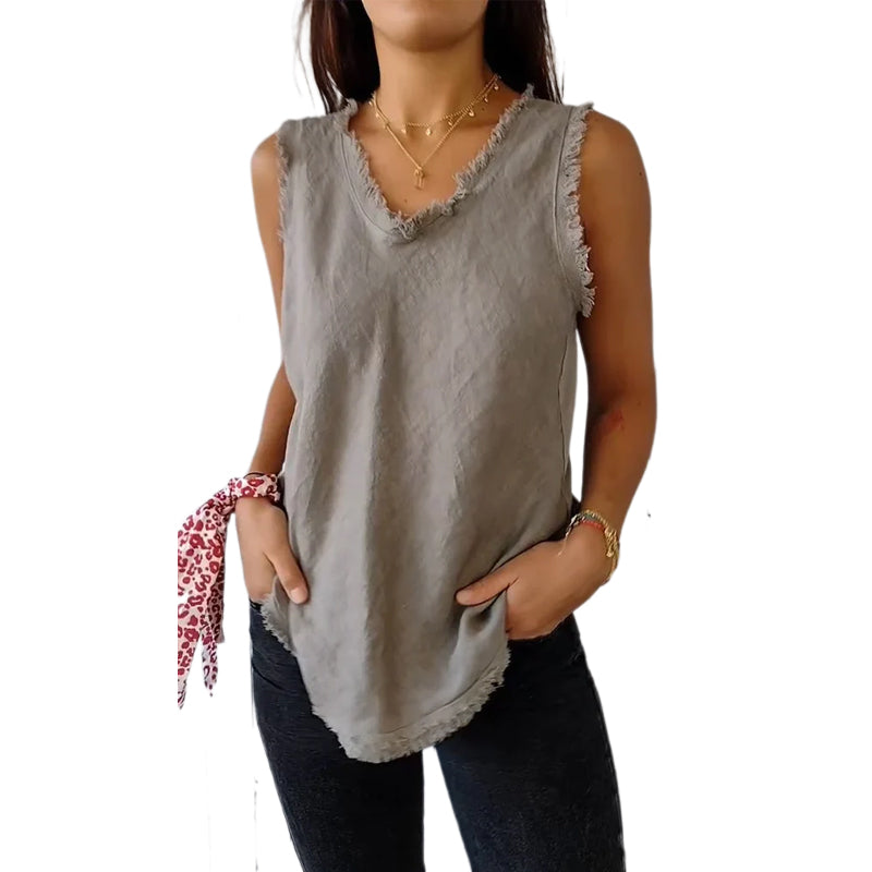 Cotton and Linen V-neck Raw Edge Design Vest
