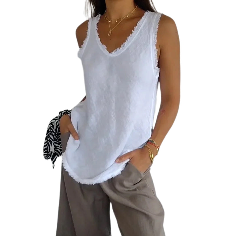 Cotton and Linen V-neck Raw Edge Design Vest