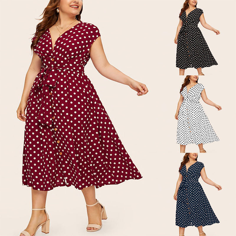 Polka Dot Waist V-Neck Dress