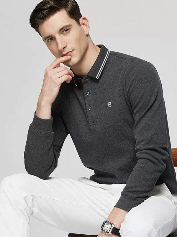 Men's Solid Color Lapel Long Sleeved Polo Shirt