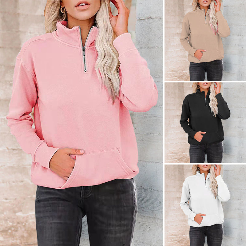 Solid Color Zip Up Collar Sweatshirt