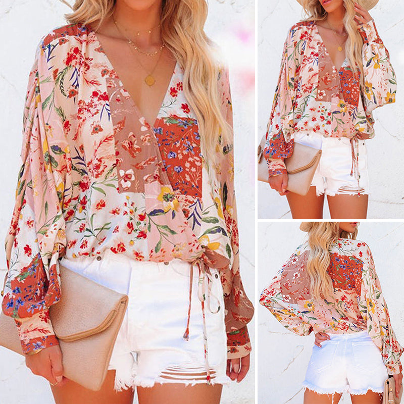 Floral V-Neck Long Sleeve Loose Casual Shirt