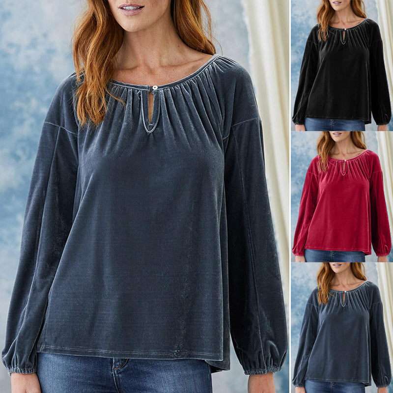 Crewneck Pullover Smocked Balloon Sleeve Velvet Top