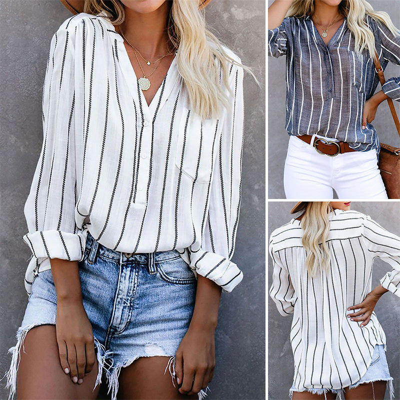 V Neck Long Sleeve Top Loose Pullover Shirt